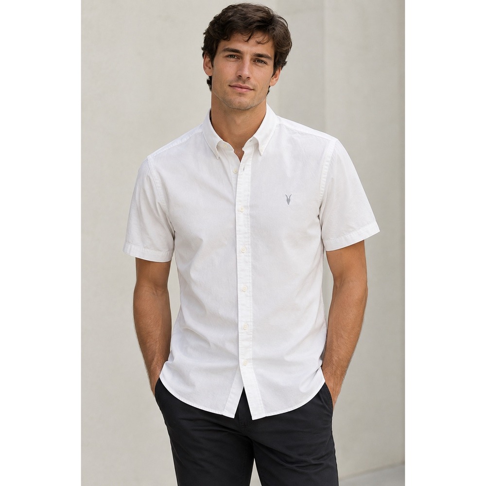 AllSaints Mens White Ramskull Short Sleeve Button Down Shirt Size Medium